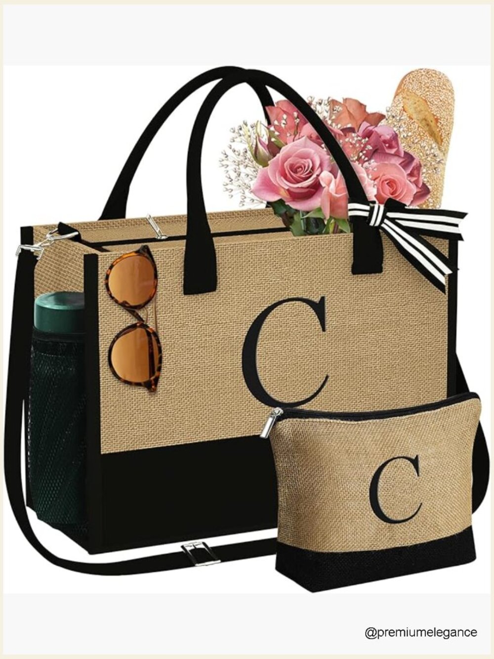Personalized Initial Jute Tote Bag with Makeup Bag Set - Monogrammed, Large